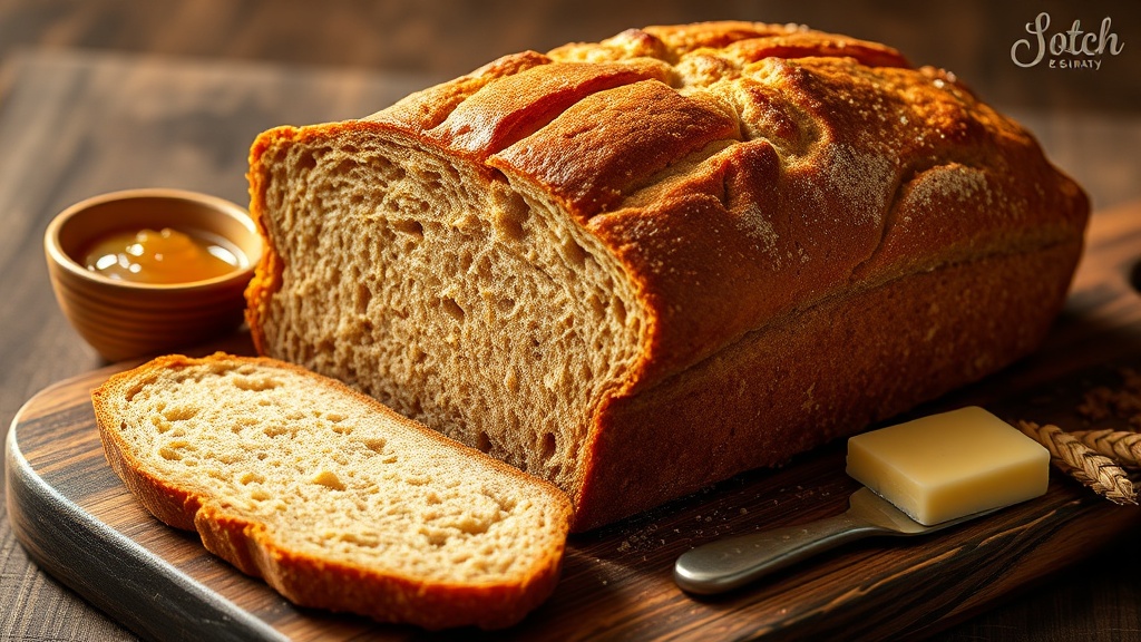 Sliced honey whole wheat bread with golden crust on a wooden cutting board
