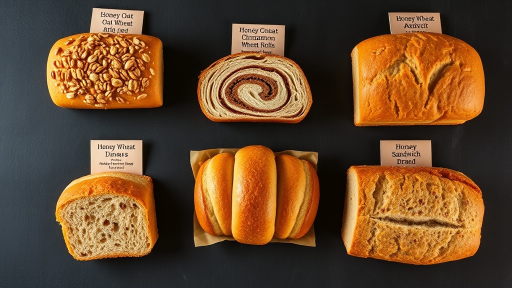 Honey wheat bread variations including oat-topped loaf, cinnamon swirl, and dinner rolls