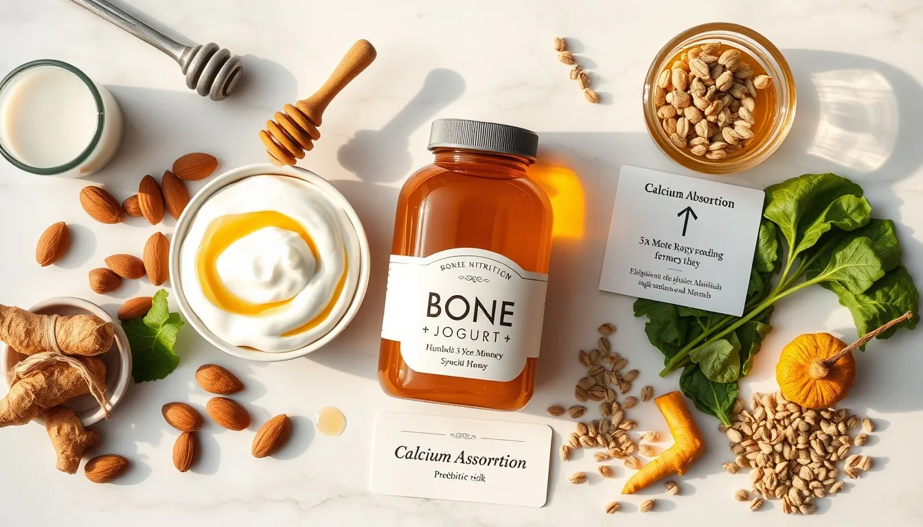 Bone health foods for women — honey paired with calcium-rich yogurt, almonds, greens, and minerals for osteoporosis prevention