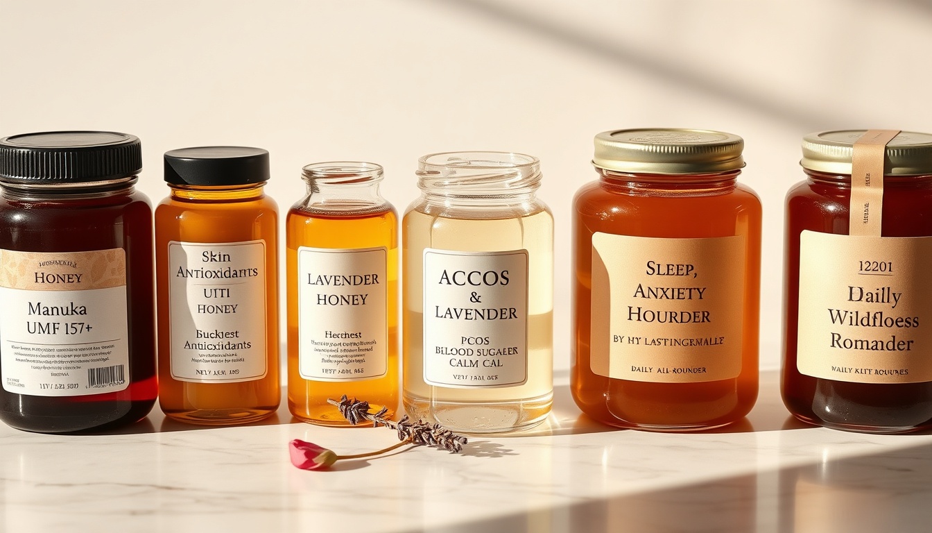 Five honey varieties ranked for women's health — manuka, buckwheat, acacia, lavender, and wildflower in labeled jars