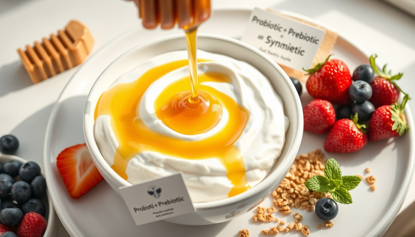 Greek yogurt bowl with honey drizzle, berries and bee pollen showing the synbiotic gut health benefits of honey and yogurt