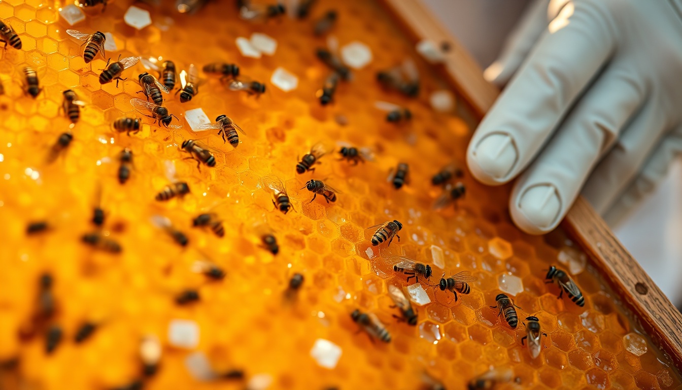 Macro close-up of a beekeeper holding a freshly harvested honeycomb frame showing perfect golden hexagonal cells filled with glistening raw honey