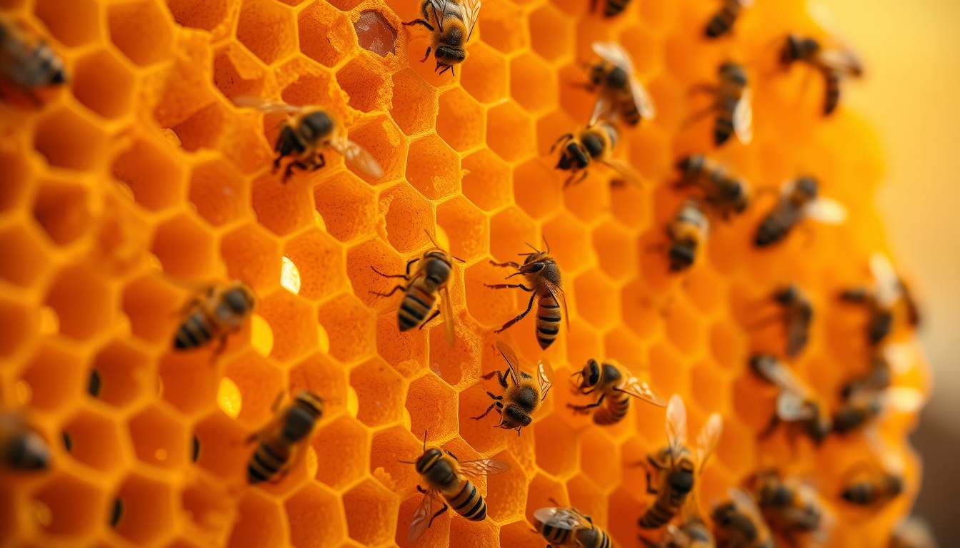 Macro close-up of honeybees working inside hexagonal beeswax honeycomb cells filled with golden honey, showing remarkable detail