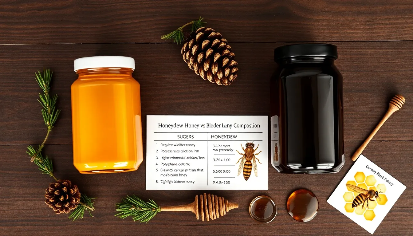 Educational comparison of honeydew honey versus blossom honey showing dramatically different colors, mineral content, and composition on dark walnut surface