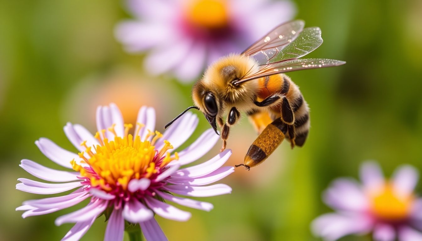 Close-up macro photograph of a honeybee collecting nectar from a wildflower, showing pollen baskets on hind legs and extended proboscis