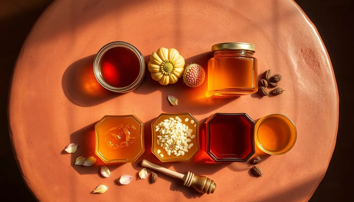 Six Indian honey varieties on terracotta, from pale cream to dark amber, with lotus petals and brass honey dipper.