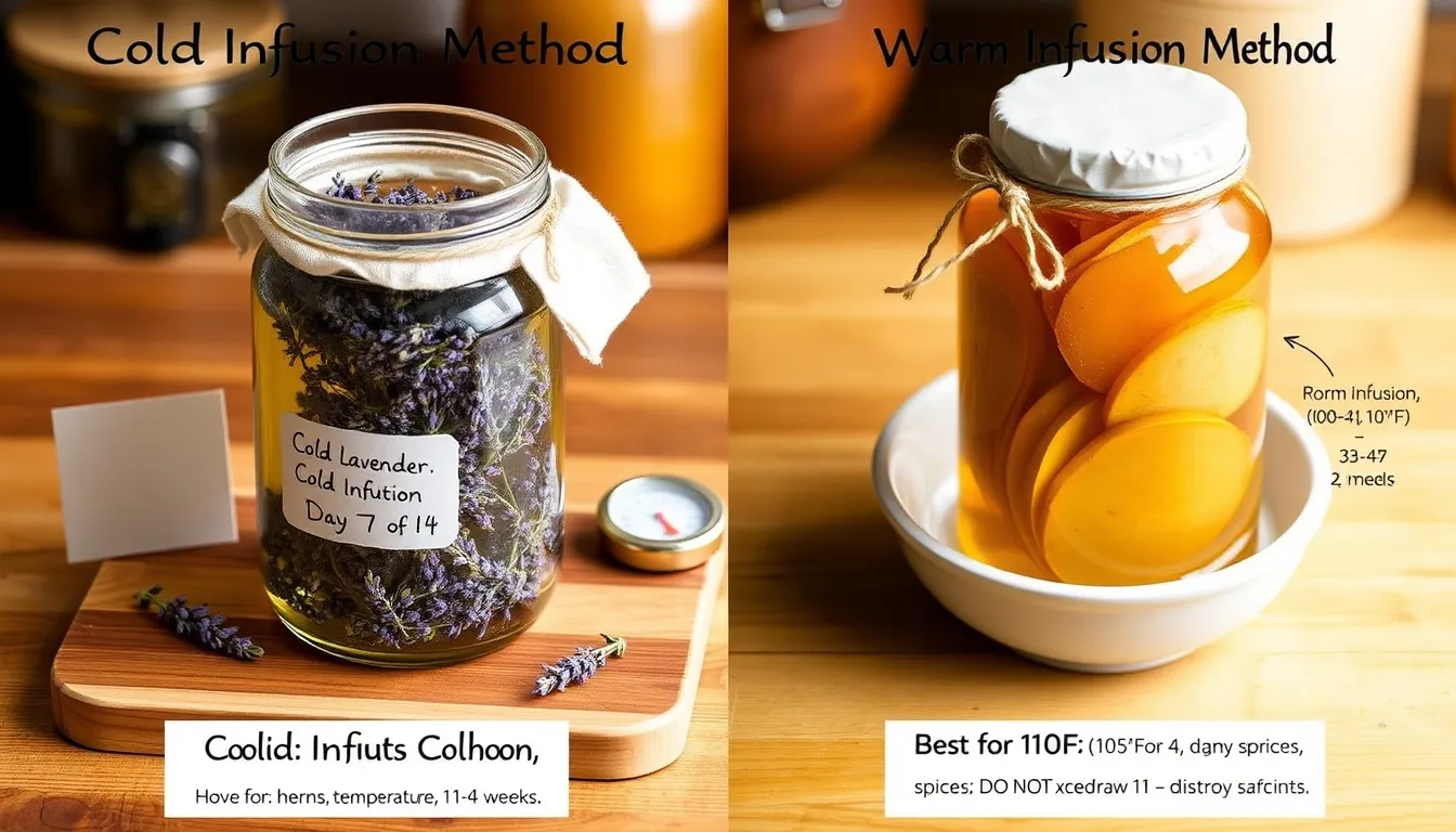 Cold vs warm infusion methods comparison — lavender honey cold infusion jar at room temperature beside ginger honey warm infusion in water bowl with thermometers on wooden surface