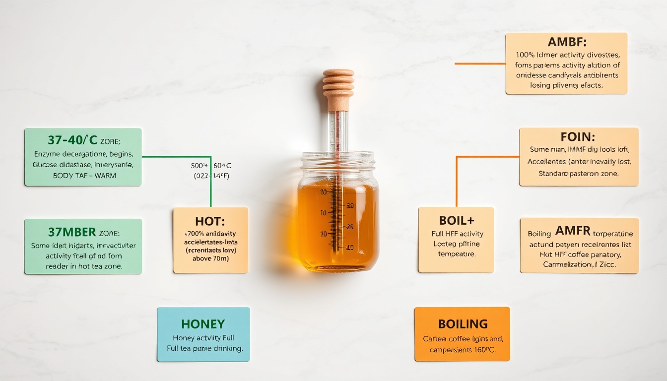 Temperature guide showing what happens to honey compounds at different heat levels from 37°C enzyme degradation through 160°C caramelization, with raw honey jar and thermometer