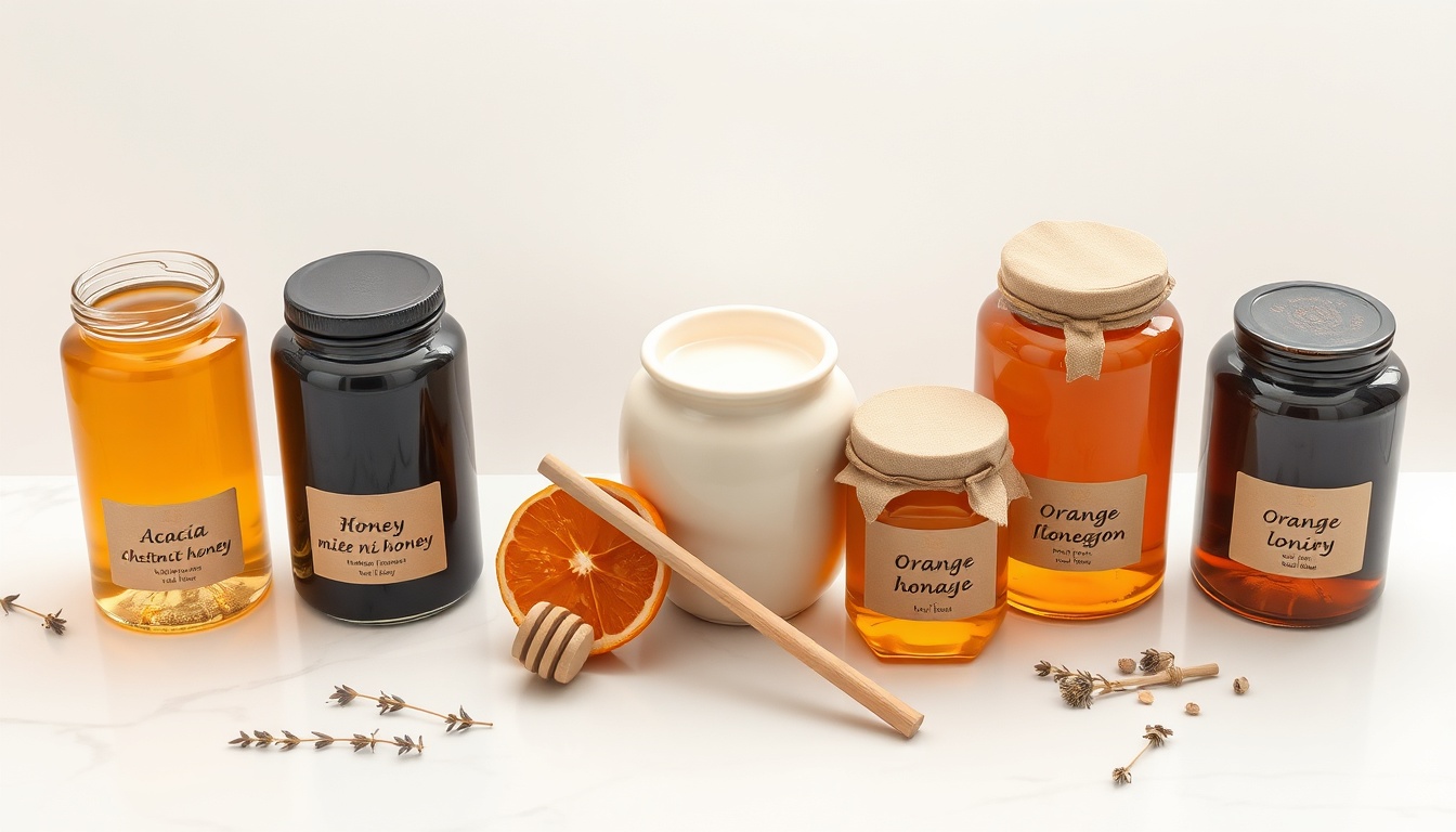 Five Italian honey jars on white marble: acacia, chestnut, sulla, orange blossom, honeydew, dried orange slice, wooden dipper