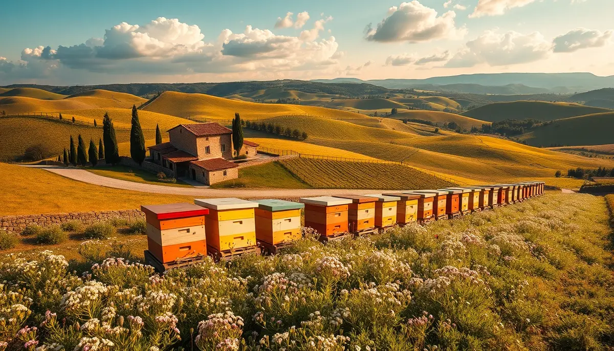 Tuscan hillside in spring bloom, cypress rows, chestnut woods, terracotta farmhouses, white beehives, golden light
