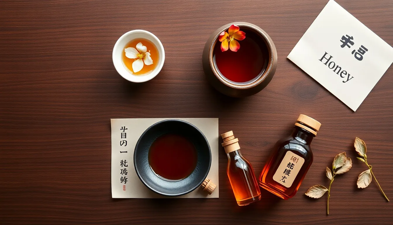 Four Japanese honeys from pale acacia to dark soba on a wood surface, with horse chestnut flowers and washi paper label