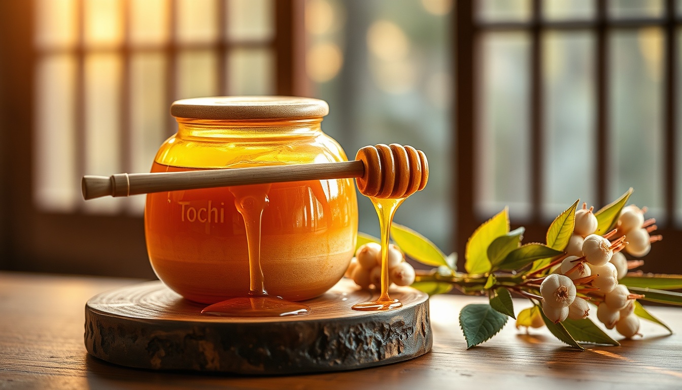 Golden tochi honey in a ceramic jar on dark wood, fresh Japanese horse chestnut blossoms, forest light through a shoji screen