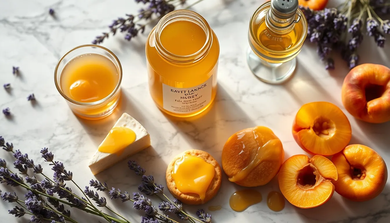 Lavender honey Provençal pairings — goat cheese with honey, Earl Grey tea, madeleine, vinaigrette, apricots with lavender