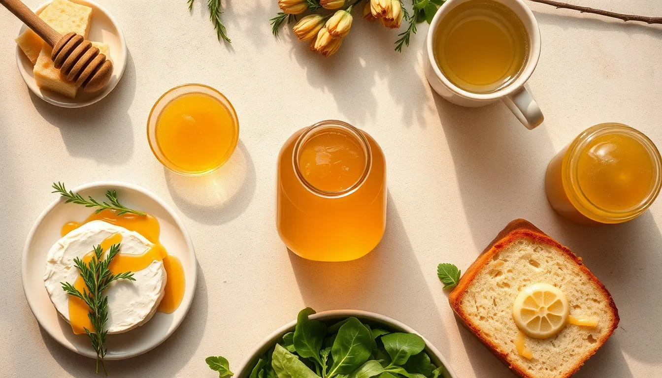 Elegant culinary uses of linden honey — drizzled over goat cheese, in linden flower tea, honey cake, vinaigrette, and yogurt bowl on pale stone surface