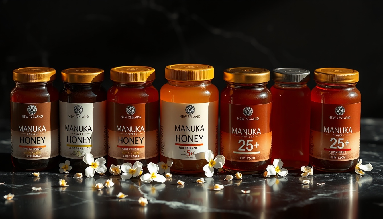Five Manuka honey jars arranged by UMF potency from UMF 5+ to UMF 25+ on dark marble with native New Zealand Manuka flowers