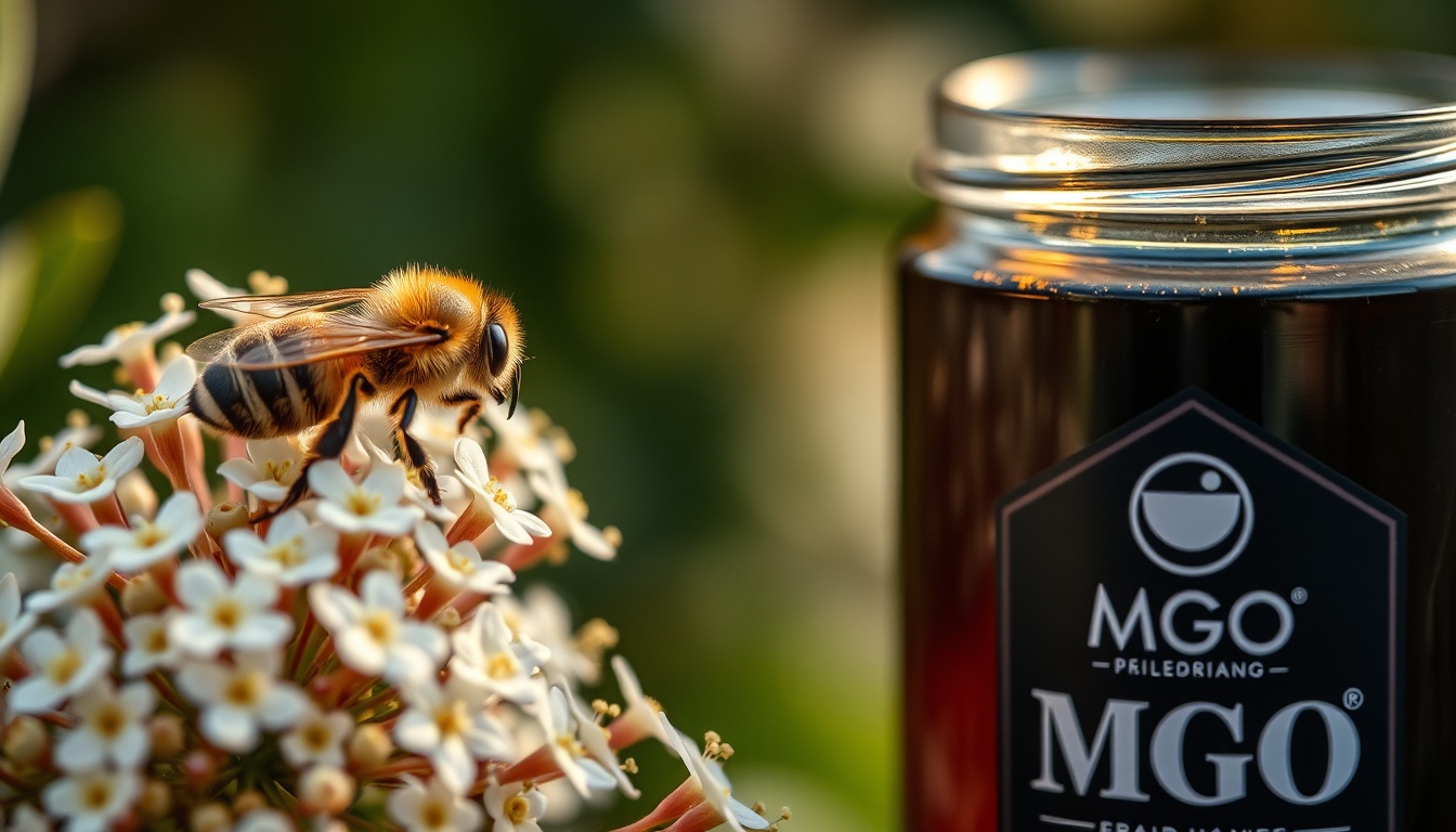 Honeybee on a leptospermum manuka flower with visible pollen baskets, alongside a jar of dark amber manuka honey