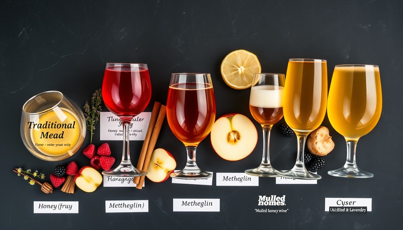 Six poured mead glasses on dark slate: traditional gold, ruby melomel, spiced metheglin, cyser, caramel bochet, hydromel