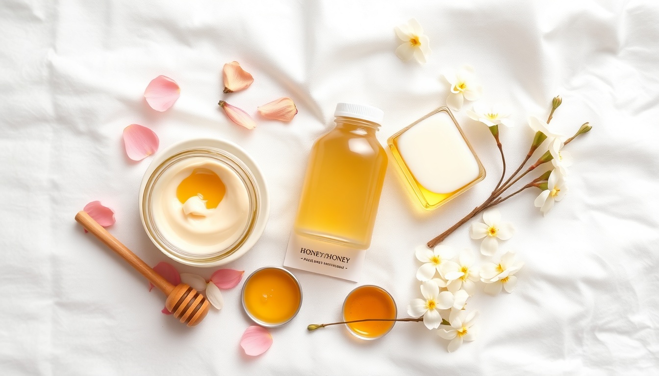Meadowfoam honey skincare flat lay — jar, face mask, seed oil, hair mask, Oregon meadowfoam flowers on linen