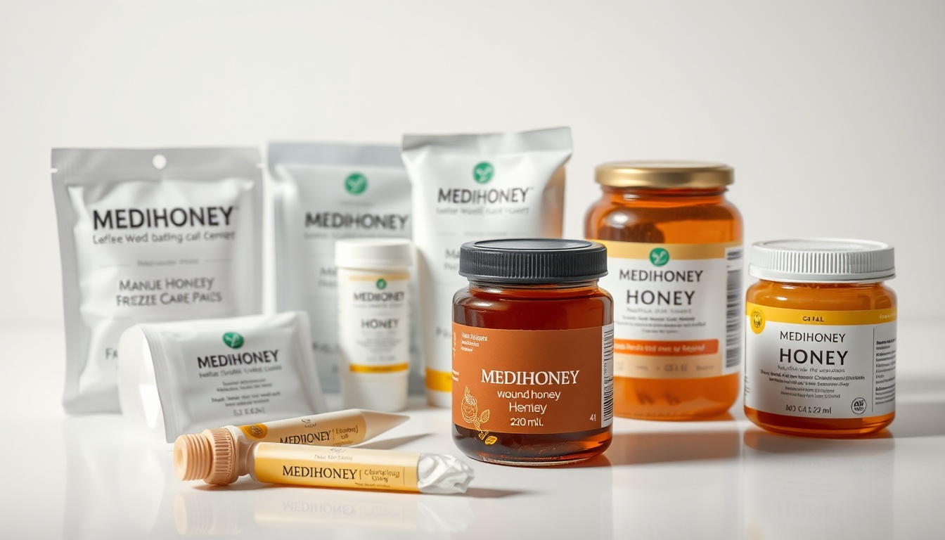 Medical-grade honey wound care products arranged on clean white surface: MEDIHONEY dressing packages, Manuka honey tubes, sterile gauze pads, and dark amber UMF-rated Manuka honey jar with clinical lighting
