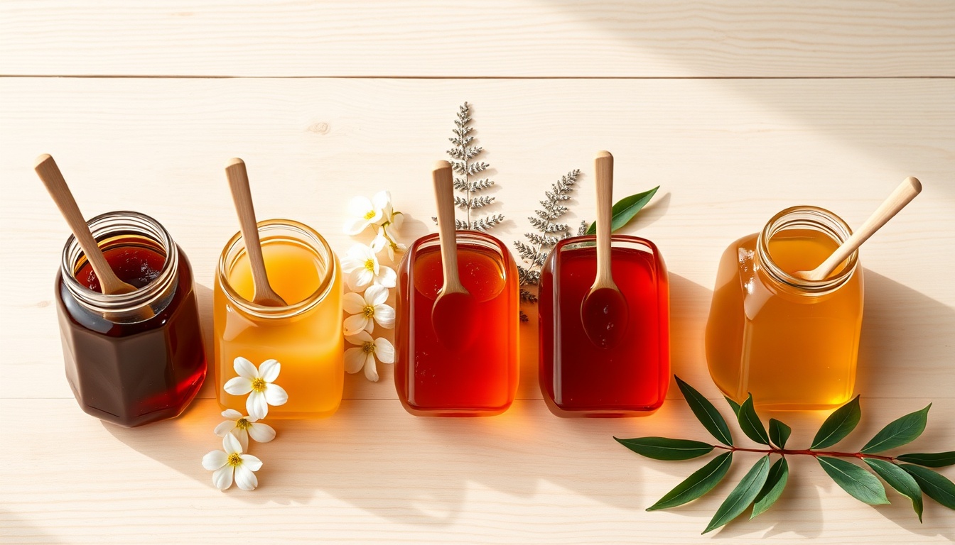 Five NZ honey varieties on wood: dark manuka, kamahi, tawari, rewarewa, golden clover, with manuka flowers and fern fronds
