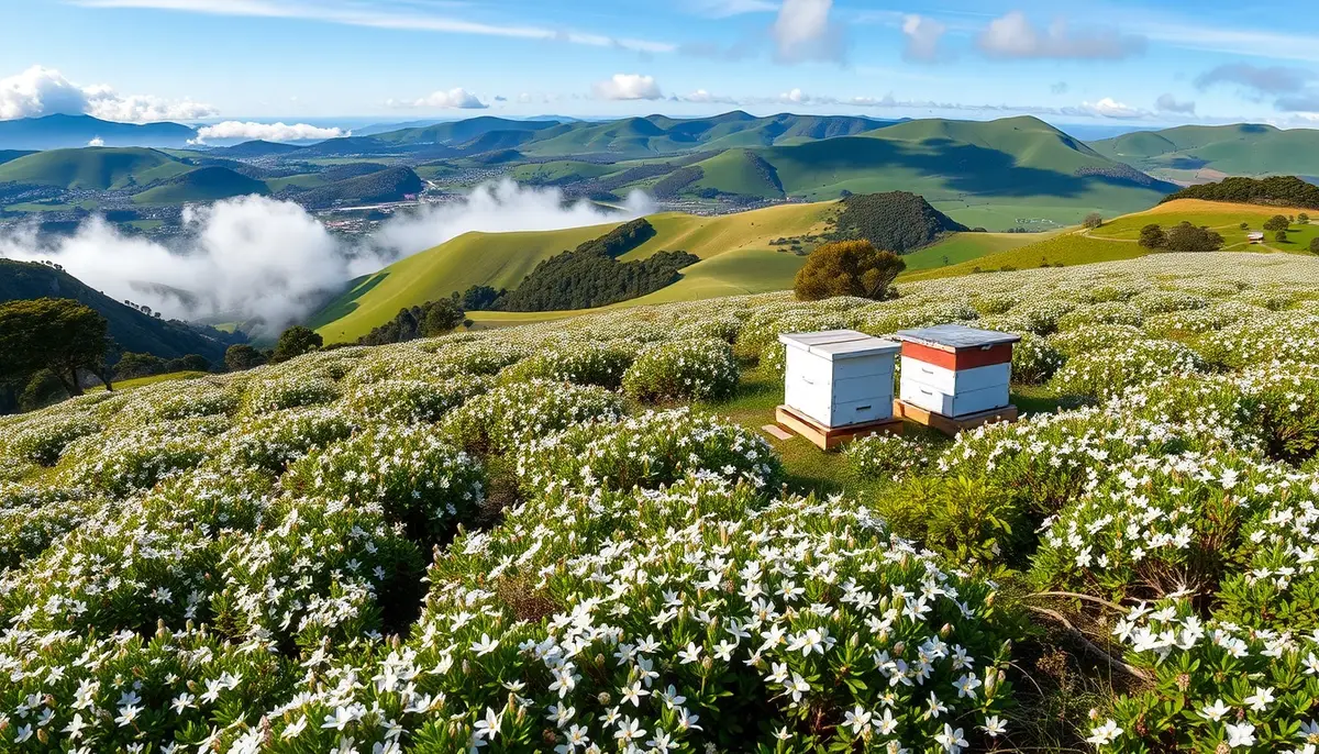 White-flowering manuka scrub on NZ hillside, beehives among low bushes, misty morning light, native ferns, blue sky