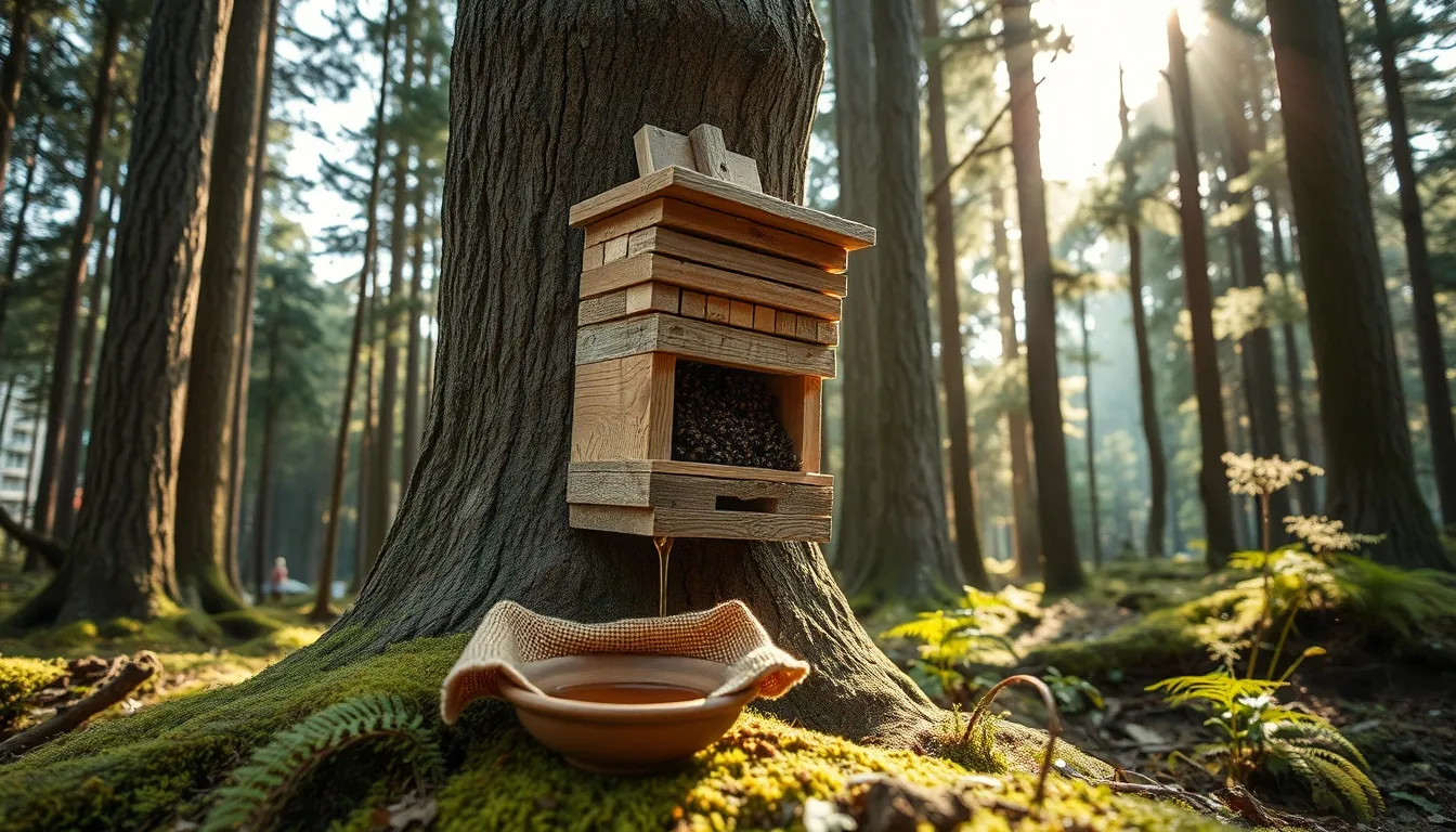 Stacked wooden jū-bako hive against a cedar trunk, native honeybees at the entrance, morning light through a Japanese forest