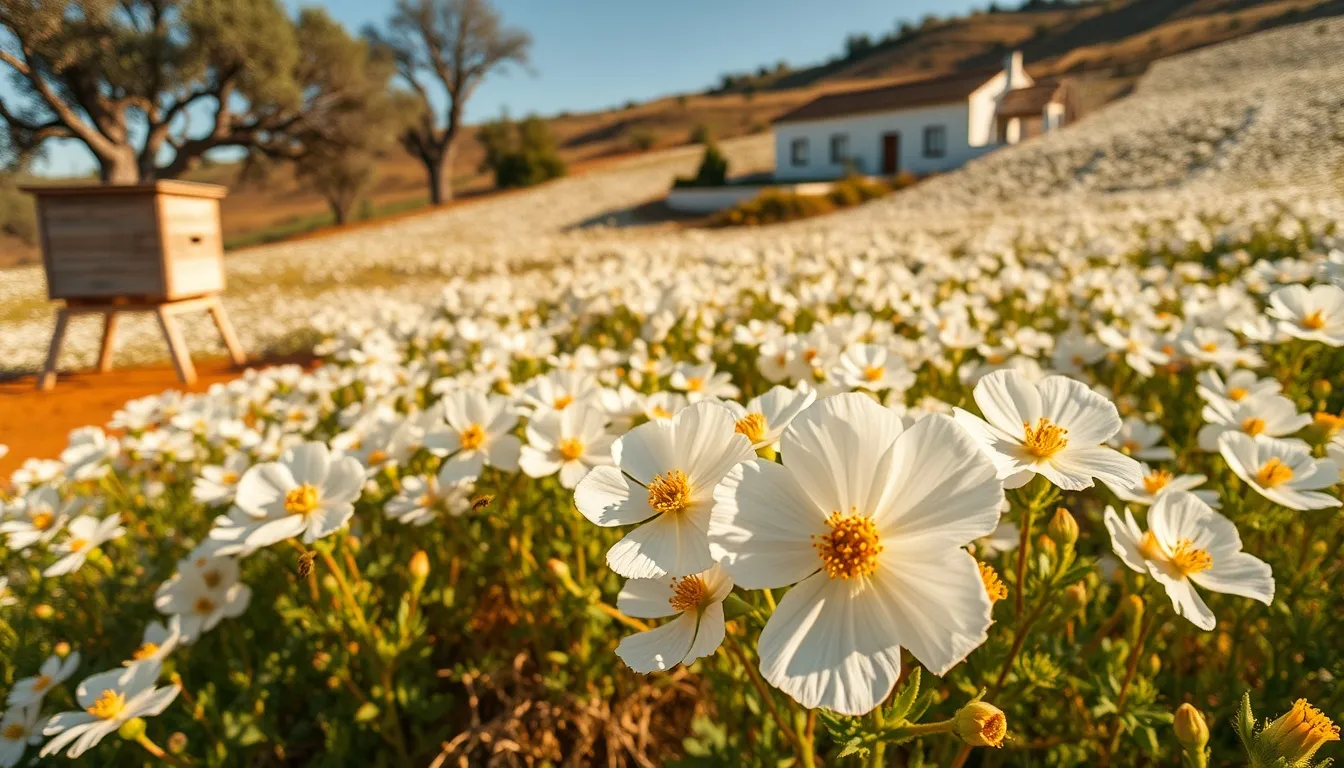 White Cistus ladanifer blooms with crimson centres blanket a Portuguese hillside, among cork oaks and a wooden beehive