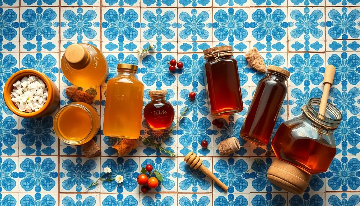 Seven Portuguese honeys from pale cistus to dark chestnut on azulejo tile, with cork dipper and fresh botanicals