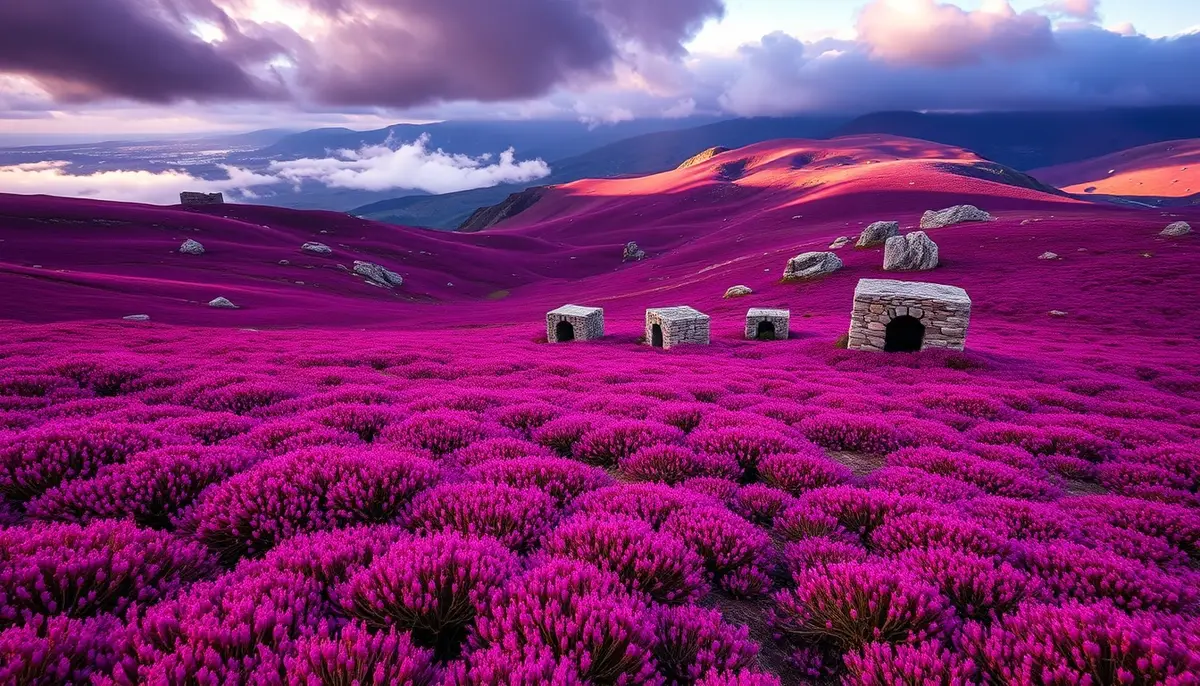 Purple heather blooms across granite slopes of the Serra da Lousã in Portugal, with stone beehives in the foreground