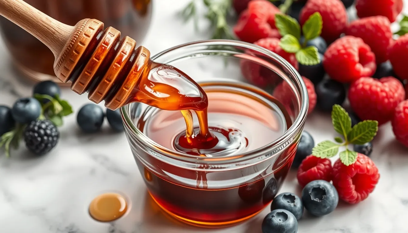 Dark buckwheat honey poured from a wooden dipper into a glass bowl, surrounded by antioxidant-rich berries and herbs