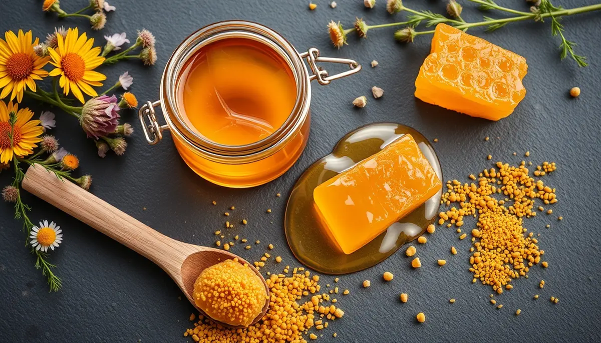 Raw honey in a glass jar with beeswax honeycomb fragments, bee pollen, and wildflowers on a dark slate surface