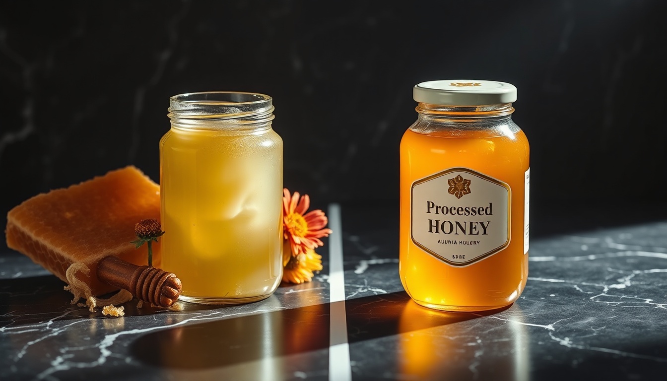 Dramatic comparison: cloudy raw honey with honeycomb and wildflowers vs crystal-clear processed honey, dramatically backlit on dark marble