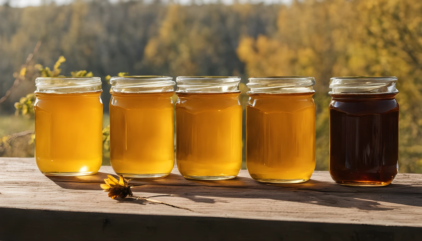 Five glass jars of honey on a wooden table, from light gold to dark brown, with autumn trees behind