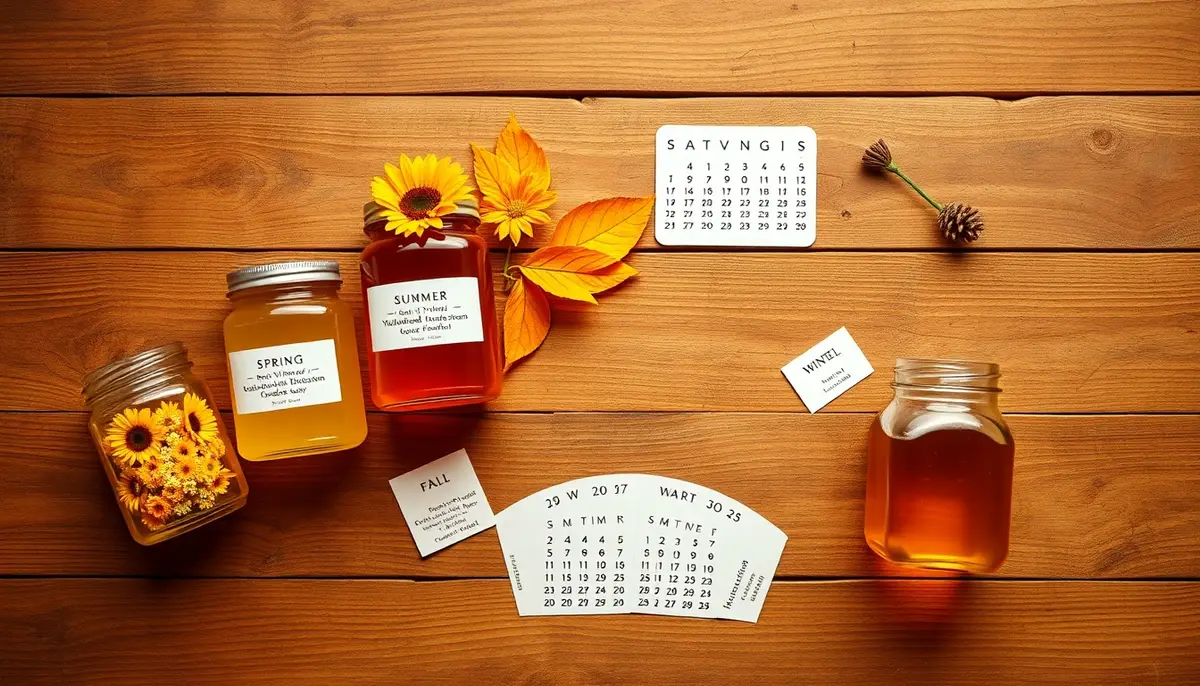 Seasonal honey varieties guide: four honey jars from pale spring clover to dark fall buckwheat arranged chronologically with seasonal harvest labels and flavor descriptions