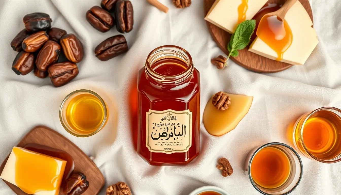 Premium Yemeni sidr honey jar on natural linen with traditional culinary pairings — dates, walnuts, mint tea, cheese, and warm water — with flavor profile card showing caramel-fig taste notes