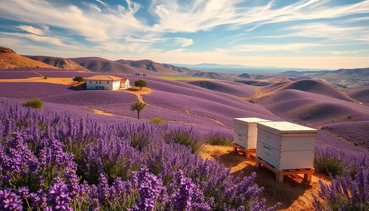 La Alcarria plateau in spring: rosemary and lavender across limestone uplands, farmhouses and beehives in morning light