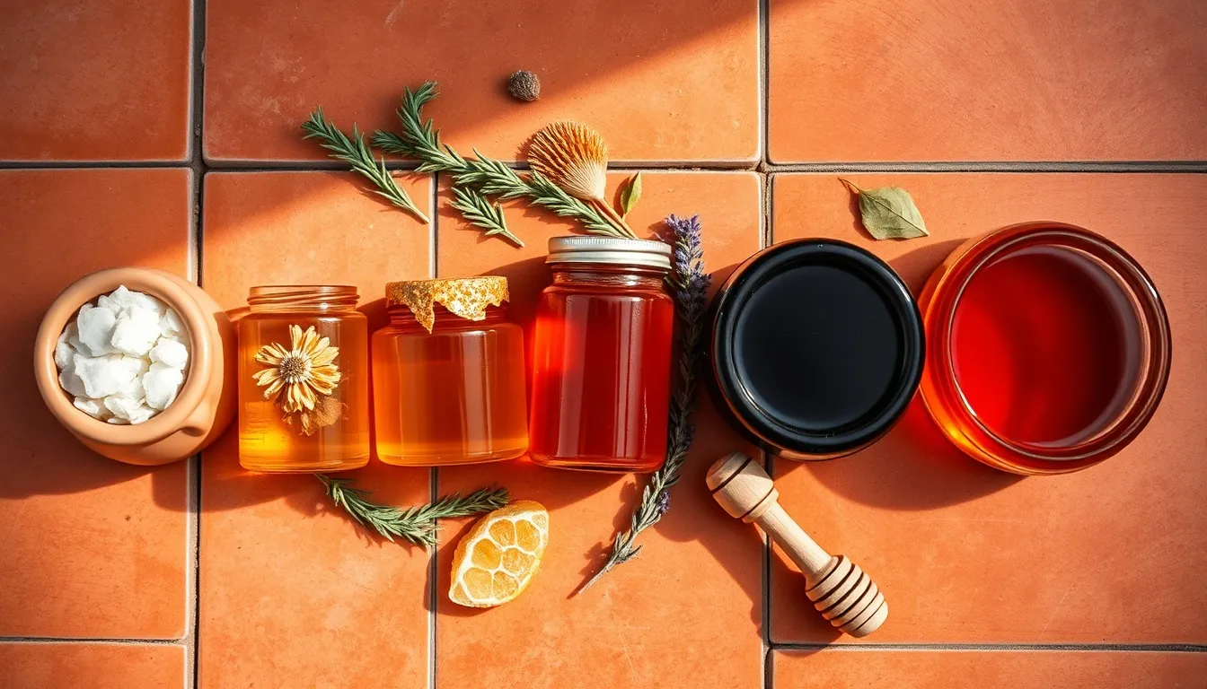 Six Spanish honeys on terracotta: rosemary, orange blossom, eucalyptus, thyme, chestnut, and heather