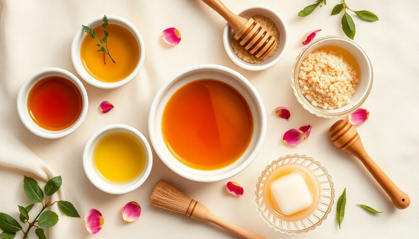 Five DIY honey stretch mark treatment ingredients — raw Manuka honey, olive oil, aloe vera, coconut oil, and sugar — in white ceramic bowls with application tools
