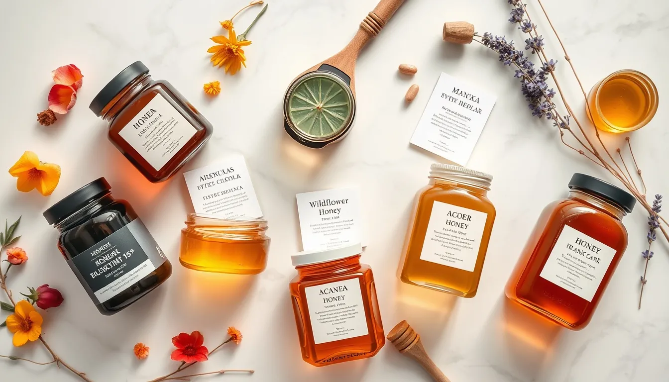 Five honey varieties ranked for stretch mark and skin repair — Manuka UMF 15+, buckwheat, wildflower, acacia, and heather honey — with botanical ingredients on marble