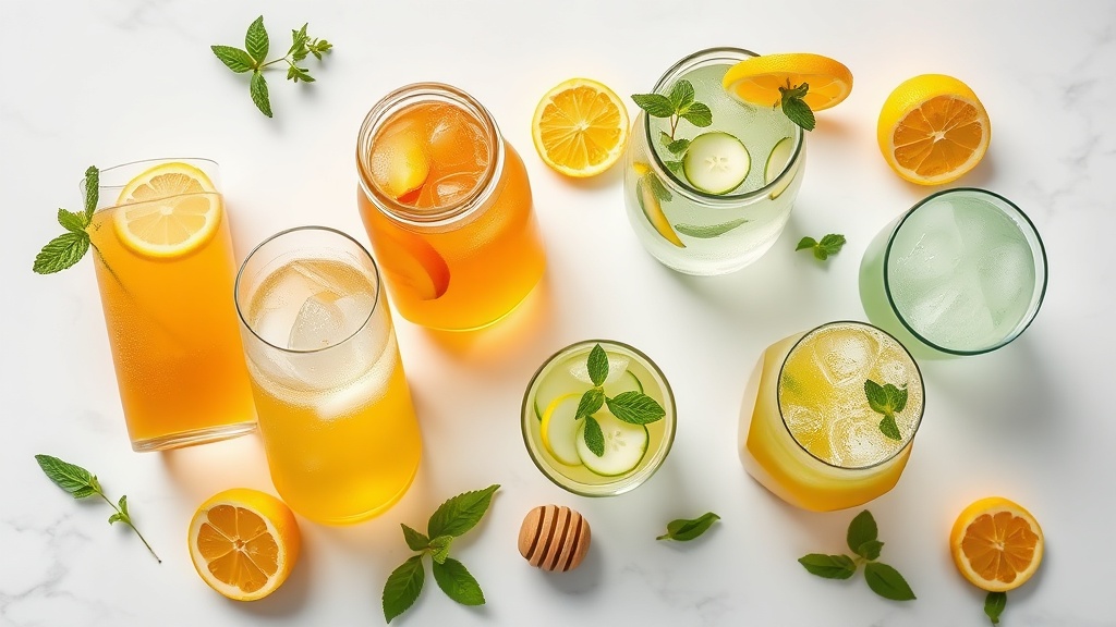 Five refreshing summer honey drinks arranged overhead: honey lemonade, honey peach iced tea, honey mint sparkling water, iced honey matcha latte, and honey ginger switchel