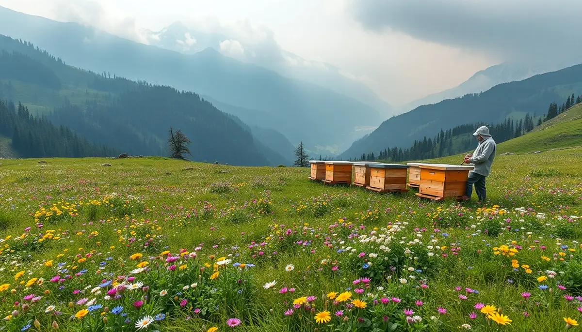 Alpine meadow at 2,000m in Turkey, purple cranesbill and yellow buttercup, wooden beehives in clearing, Kaçkar peaks beyond