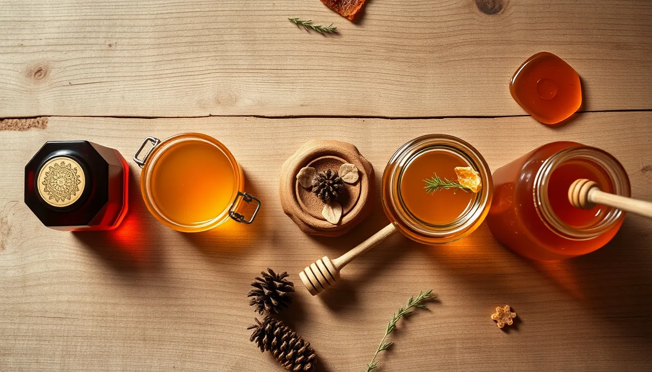 Turkish honeys on wood: dark pine, golden Anzer, amber karakovan, kars, pale wildflower, dried thyme sprigs, pine cone
