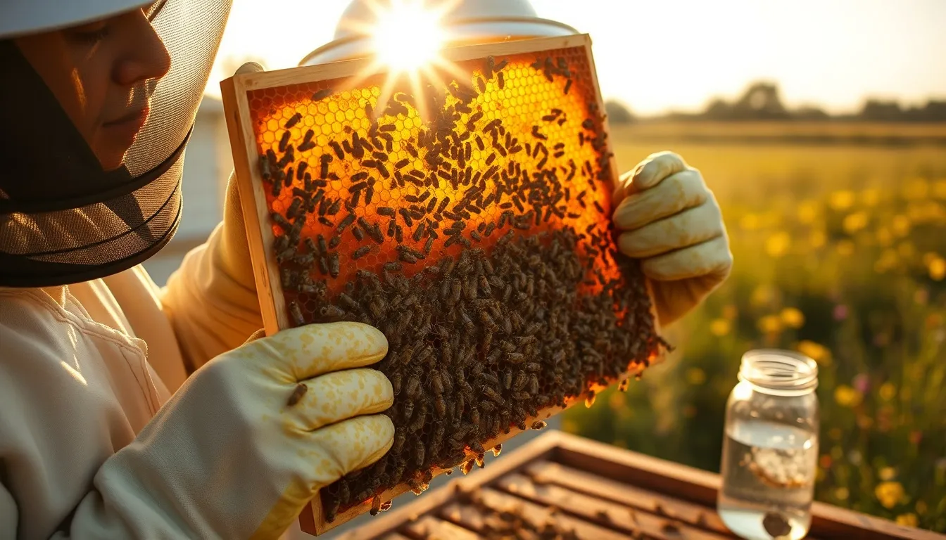 Beekeeper inspecting honeycomb frame with varroa mite treatment supplies in the apiary