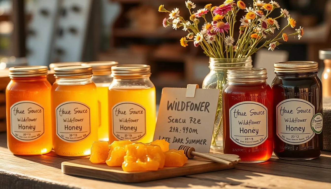 Farmers market wildflower honey — seasonal jars in spring gold, summer amber, and dark late-summer shades with artisan labels