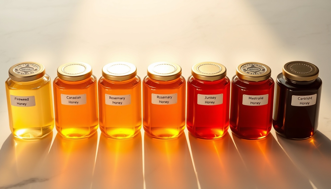 Glass jars of honey in a backlit color spectrum: fireweed, acacia, Greek thyme, manuka, jarrah, buckwheat