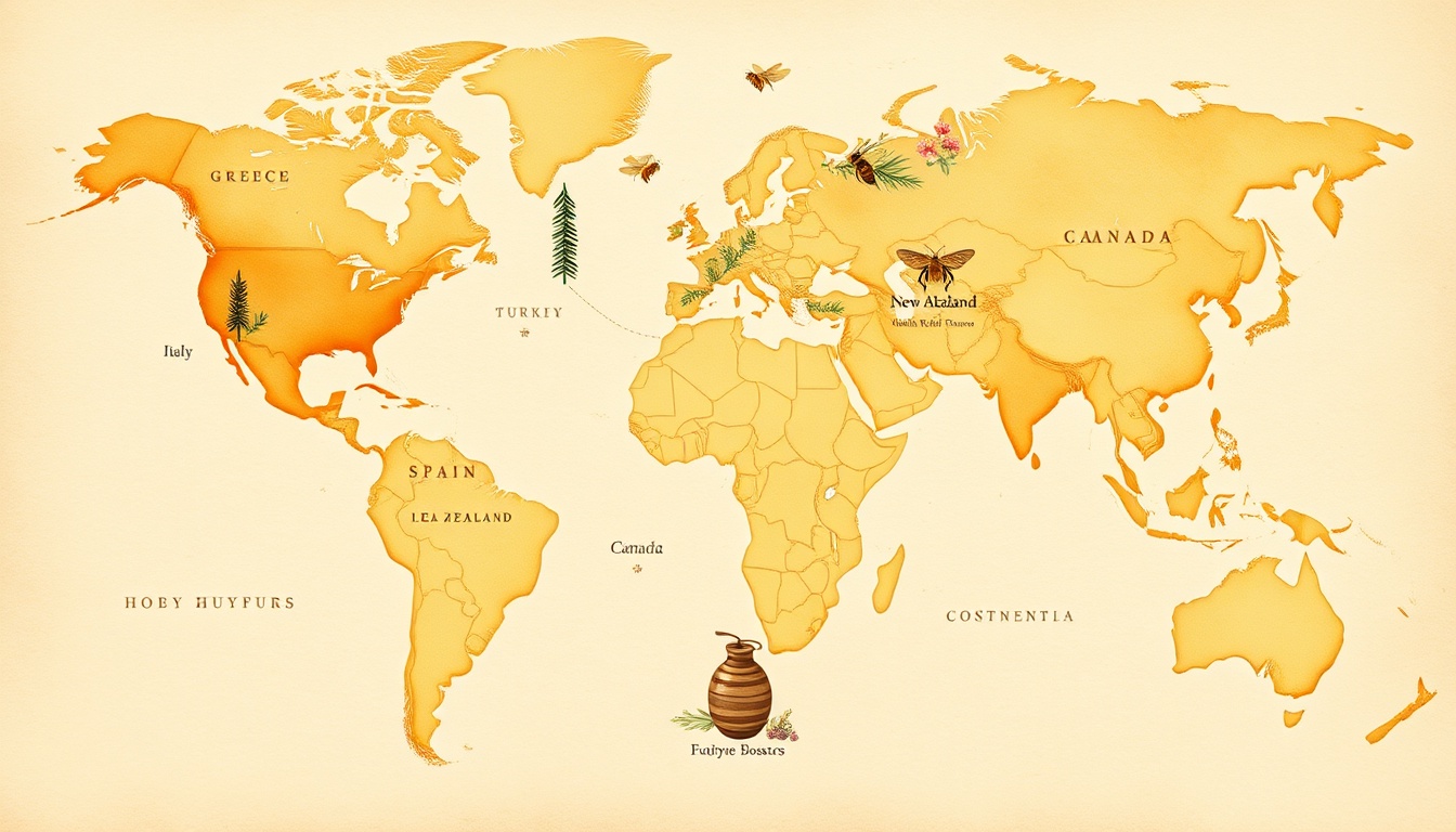 Illustrated watercolor world map of major honey-producing regions with native botanical drawings in honey-gold on parchment