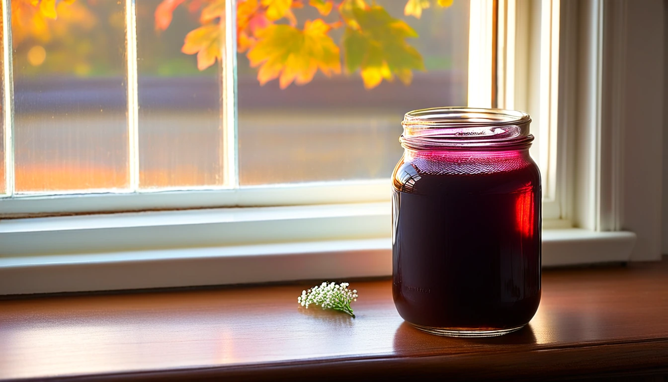 Glass jar of very dark amber buckwheat honey with sprigs of white-pink buckwheat flowers on a rustic oak table