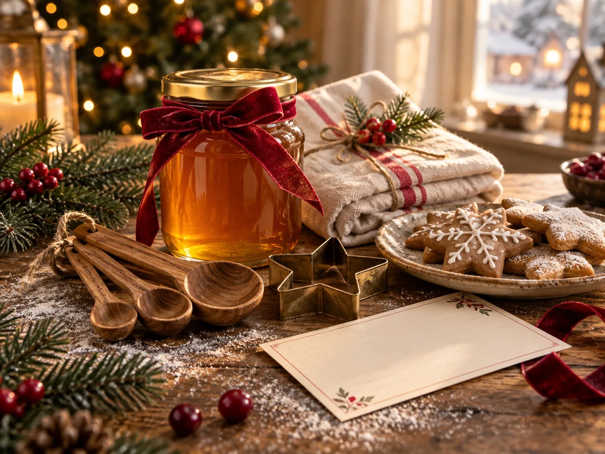 Illustration of a honey jar with red ribbon, wooden spoons, a tea towel and star-shaped cookies.