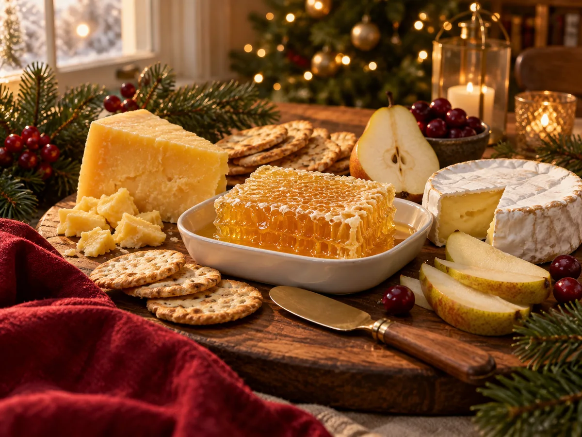 Illustration of golden honeycomb with cheese, crackers and pear on a Christmas table.