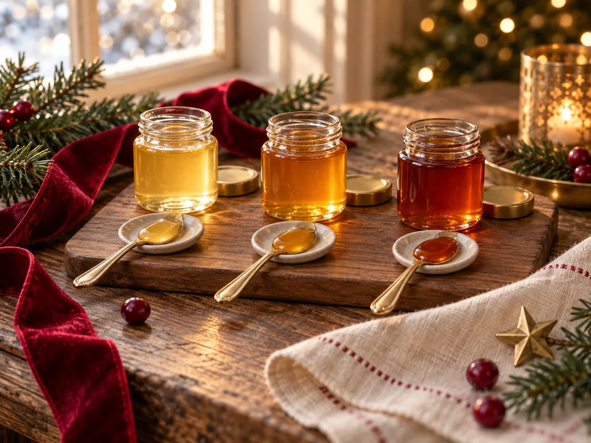 Illustration of three open honey jars and individual tasting spoons with Christmas ribbon.